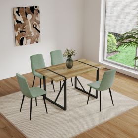 55" MDF dining table and modern dining chair 4-piece set, medieval wooden kitchen dining table set, rectangular metal base (Color: Wood+light green)