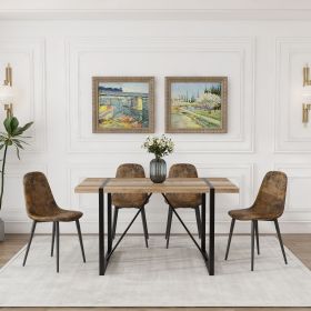 55" MDF dining table and modern dining chair set of 4 pieces, medieval wooden kitchen dining table set, black rectangular metal base (Color: Wood+brown)