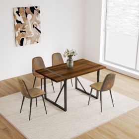 55" MDF dining table and modern dining chair set of 4 pieces, medieval wooden kitchen dining table set, black rectangular metal base (Color: Walnut+brown)