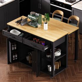 47 inch Kitchen Island with Extendable Dining Table, Rubber Wood Veneer Kitchen Table with Internal Storage Rack, Power Outlet (Material: MDF,Rubber Wood, Color: Black)