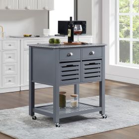Mobile Rolling Kitchen Island Trolley Serving Cart with Underneath Drawer & Slide-Out Wire Storage Basket (Main Color: Grey, Main Material: Wood)