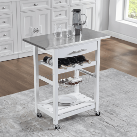 Mobile Rolling Kitchen Island Trolley Serving Cart with Underneath Drawer & Slide-Out Wire Storage Basket (Main Color: White, Main Material: Wood + Stainless Steel)