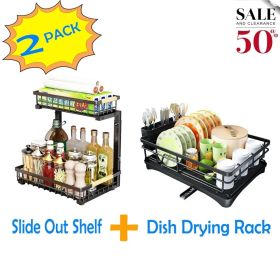 2 in Set Dish Drying Rack and Under Sink Organizer Rack, Large Dish Rack with Drainboard, 2 Tier Pull Out Cabinet Shelf for Kitchen Storage (Main Material: Metal, Main Color: Black)