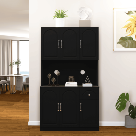 71" Kitchen Pantry Storage Cabinet with Microwave Oven Countertop, Freestanding Hutch Cabinet with Adjustable Shelves, 6 Doors and 1 Drawer-Black (Color: as Pic)