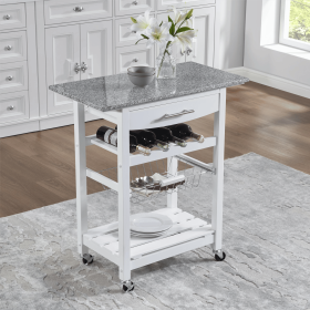 Mobile Rolling Kitchen Island Trolley Serving Cart with Underneath Drawer & Slide-Out Wire Storage Basket (Main Color: White, Main Material: Marble+Metal)