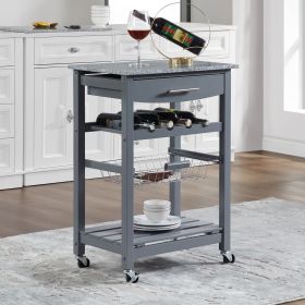 Mobile Rolling Kitchen Island Trolley Serving Cart with Underneath Drawer & Slide-Out Wire Storage Basket (Main Color: Grey, Main Material: Marble+Metal)