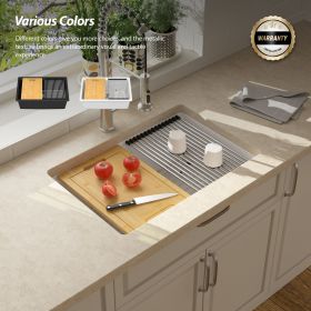28*19 inch Quartz Stone Workstation Kitchen Sink Under-mount Single Bowl Granite Composite Sink with Roll-up Drying Rack, Cutting Board (Color: White)