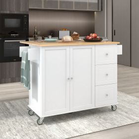 Rolling Mobile Kitchen Island with Solid Wood Top and Locking Wheels,52.7 Inch Width,Storage Cabinet and Drop Leaf Breakfast Bar,Spice Rack (Material: MDF, Color: White)