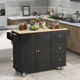 Rolling Mobile Kitchen Island with Solid Wood Top and Locking Wheels,52.7 Inch Width,Storage Cabinet and Drop Leaf Breakfast Bar,Spice Rack (Material: MDF, Color: Black)