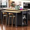 47 inch Kitchen Island with Extendable Dining Table, Rubber Wood Veneer Kitchen Table with Internal Storage Rack, Power Outlet